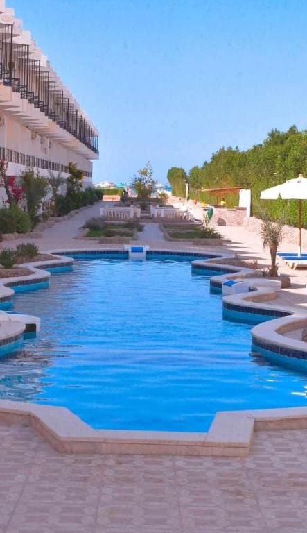 Fox House Beach Resort & Spa El Gouna في الغردقة: مسبح ذو مياه زرقاء أمام مبنى